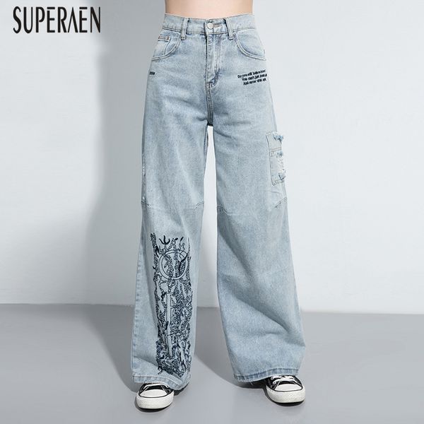 

superaen лета 2020 года новые женщины вышивка джинсы дикий свободного покроя широкий брюки женский мода длинные джинсы женщин, Blue