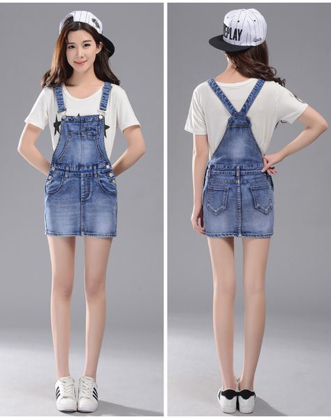 

women spring girl student denim overall short skirt, Black