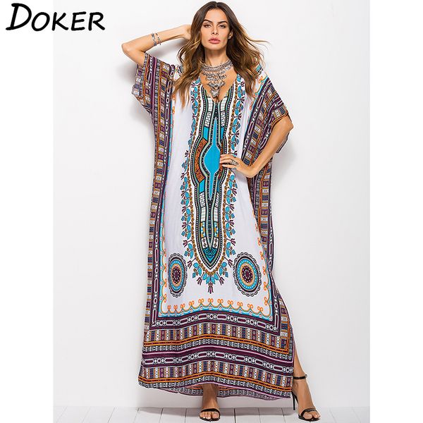 

2019 summer new arrival boho printed beach dress women v-neck short-sleeved hem split loose robe dress, Black;gray