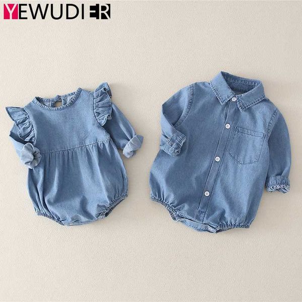 

baby girls denim clothes cute ruffle long sleeve rompers newborn boys casual jumpsuit toddler outerwear outfits autumn, Blue