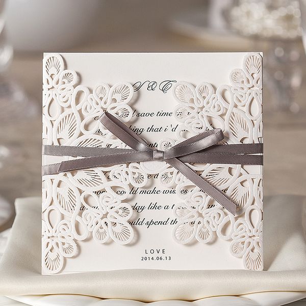 

wishmade laser cut elegant wedding invitations with ribbon bowknot flower invitation cards for customizable 50pcs/lot