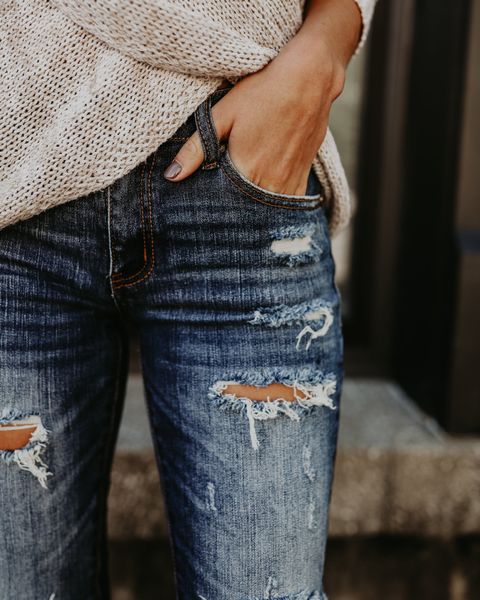 

februaryfrost 2020 women fashion cotton bleached ripped holes jeans slim elasticity skinny denim pants moustache vintage jeans, Blue