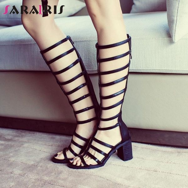 

sarairis retro genuine leather girl high heels sandals sandals women open toe hollow out knee high gladiator shoes woman, Black