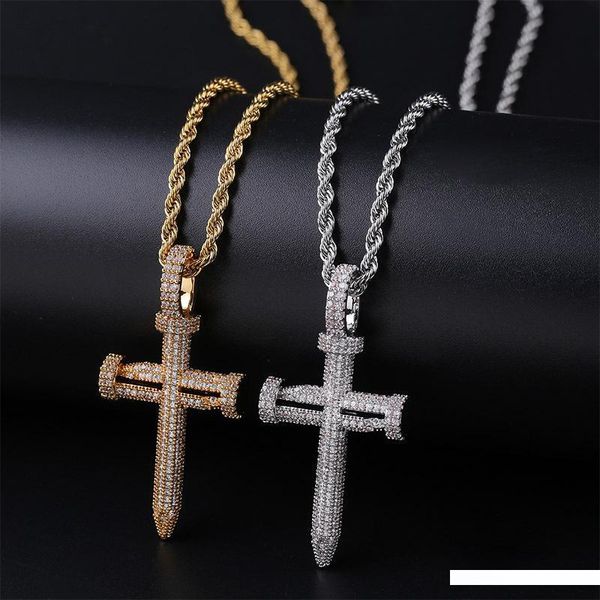 

brand designer hiphop jewelry nail pendant necklace for men full diamond cubic zirconia iced out 18k gold plating cross necklace, Silver