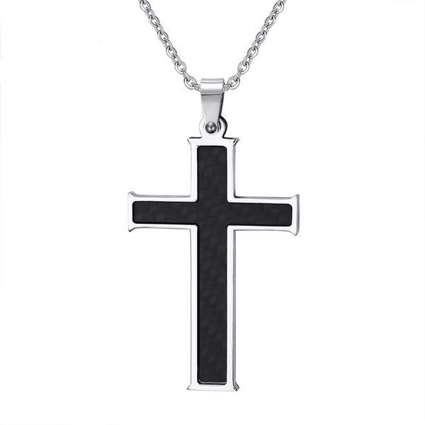 

black fashion men's carbon fiber cross pendant necklace stainless steel link chain necklace jewelry gift for men boys j296, Silver