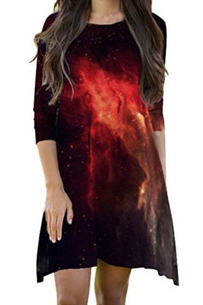 

meenew women's 3 4 sleeve outer space galaxy printed loose fit t shirt dress, Black;gray