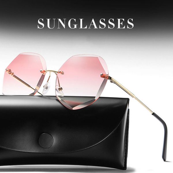 

2020 new fashion brand design rimless oversized sunglasses women vintage lady cutting lens gradient sun glasses for female uv400, White;black