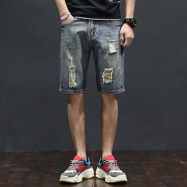 

men thin holes short jeans summer blue denim shorts new male cotton straight fit jean shorts solid casual short jeans size 36