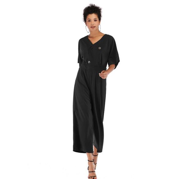 

office lady womens playsuit deep v neck loose solid bodysuit party jumpsuit romper chiffon bat sleeve leg trousers clubwear#c00, Black;white