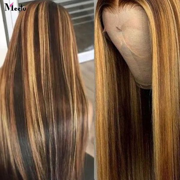 

meetu wigs 13x4 lace front human hair wig straight highlight color hair pre plucked line bleached knots brazilian remy wig, Black;brown