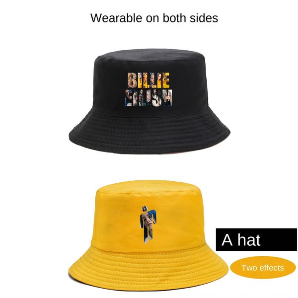 

billie eilish front and back fisherman 2020 all-match casual bucket bucket sun hat solid color sun hat, Blue;gray