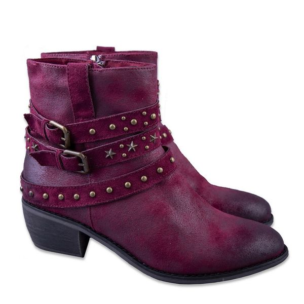 

new women's boots thick high-heeled pointed shoes rivets buckle side zipper solid color retro vintage belt ankle motorcycle boots, Black