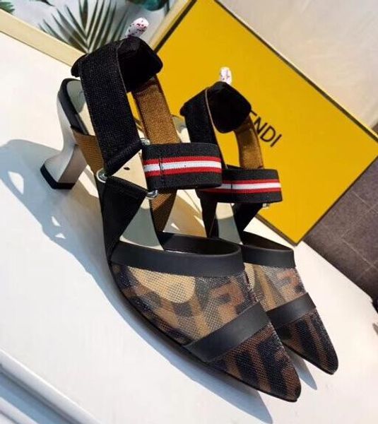 

19SS New hot Women Sandals Mesh Patchwork Stripes Strappy High heels Sandals Pointed toe Elastic buckle Slingback Ladies Party Shoes
