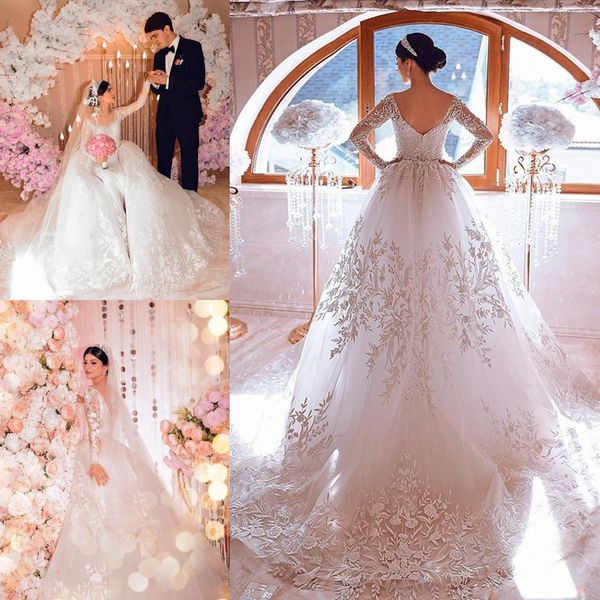 

2019 modest mermaid wedding dresses with detachable overskirts lace appliqued country wedding dress sweep train long vestidos de novia, White