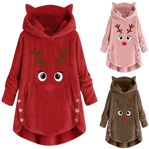 

womens christmas reindeer print hooded sweatshirt outwear winter warm cartoon fluffy fur sweatshirt ladies jumper xmas 2019, Black