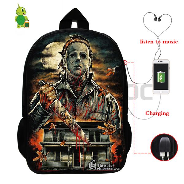 

horrible halloween michael myers backpack multifunction usb charge school bags for teenage girls boys large travel bags