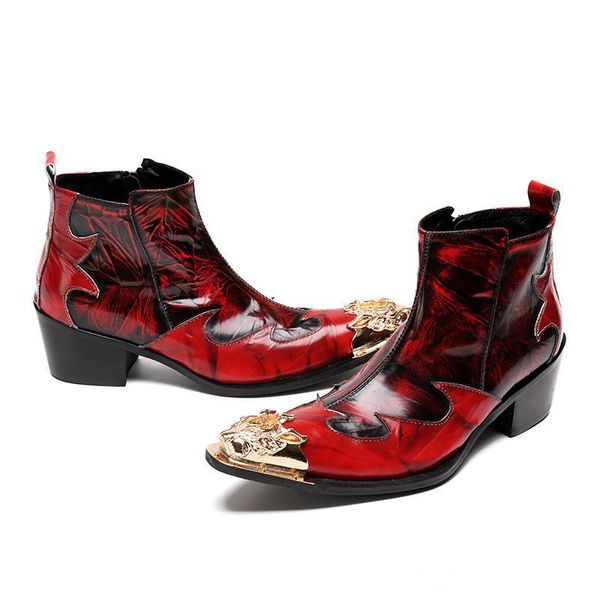 Stivali da uomo in vera pelle moda uomo tacchi stivaletti con punta a punta in metallo di lusso scarpe da sposa rosse stivali da cowboy martin