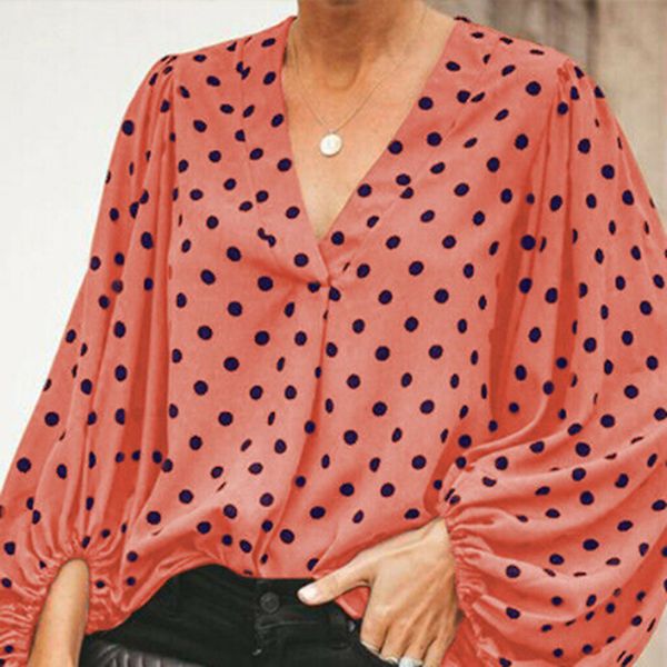 

women blouses 2020 autumn casual long sleeve polka dot blouse female v neck loose shirts blusas plus size, White