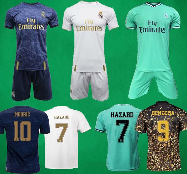

19 20 real madrid soccer jersey shorts home away 3rd goalkeeper soccer kit hazard benzema asensio football shirt mens kids football uniforms, Black;yellow