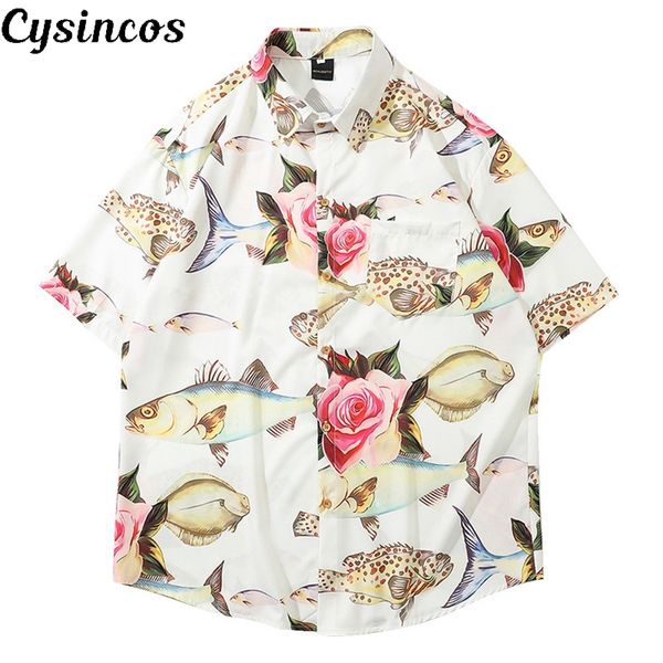 

cysincos men shirts hawaiian print shirt 2020 men contrast color print button short sleeve loose streetwear camisa masculina, White;black