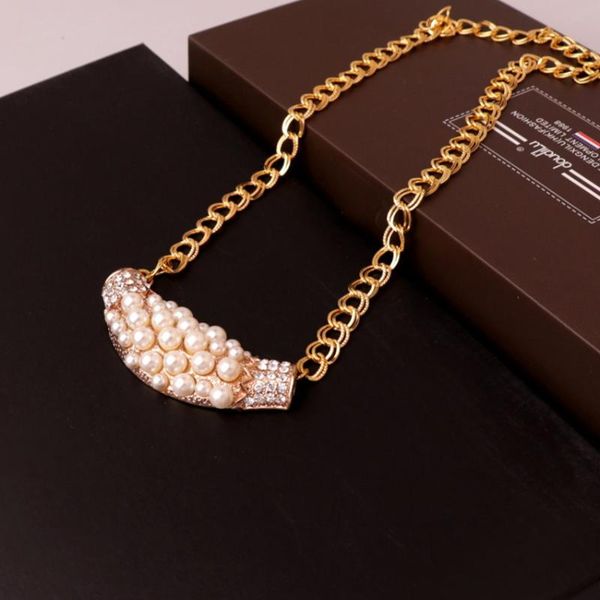 

fyjs unique light yellow gold color geometric shape imitation pearl pendant rope link chain necklace fashion jewelry, Silver