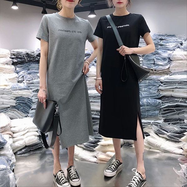 

b short-sleeved women's casual belly-covering loose mid-length base skirt summer b t-shirt dress short-sleeved dress women's casua, White