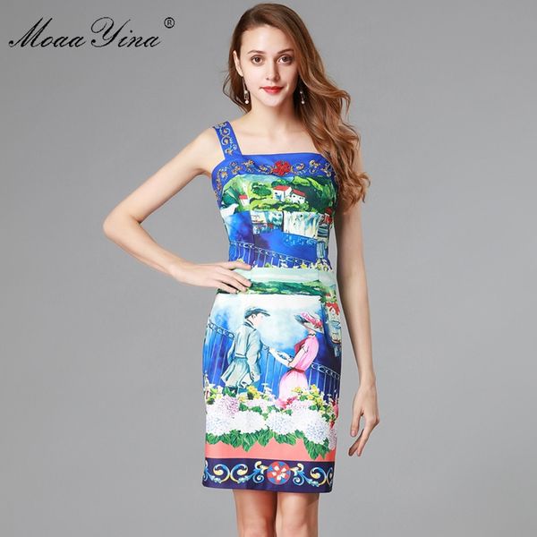 

moaayina fashion designer runway dress summer women's spaghetti strap backless beading romantic love floral print slim dress, Black;gray