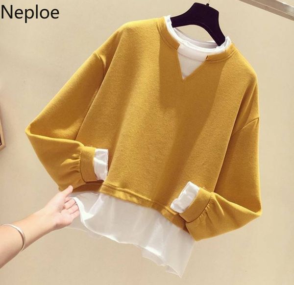 

neploe fake two pieces women hoodies oversized patchwork female o-neck loose pullover long-sleeved casual sweatshirt 55328, Black