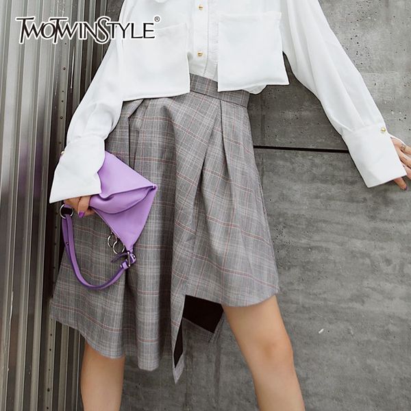 

twotwinstyle plaid pleated skirt female high waist asymmetrical skirts women casual clothes korean fashion 2018 autumn new, Black