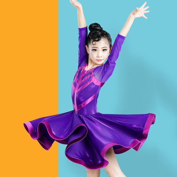 

girls latin skirt long sleeve purple latin dance competition dresses kids tango/salsa/cha cha dance performance costumes vo227, Black;red