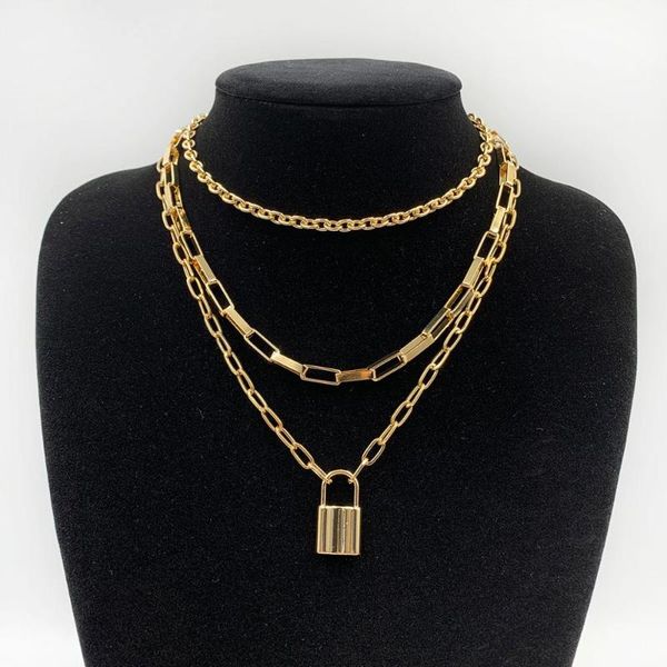 

new stainless steel chains punk padlock necklaces women multilayer choker metal padlock chains goth jewelry costume accessory, Silver