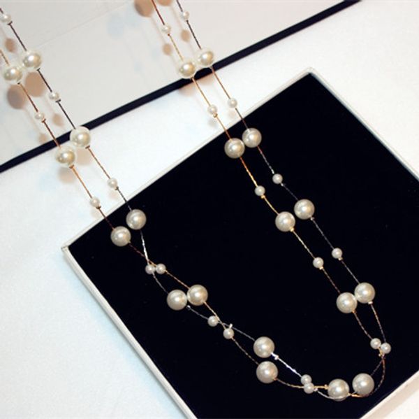 

autumn/winter korean version classic style pearl sweater chain long gold and silver double layer statement necklace woman, Black
