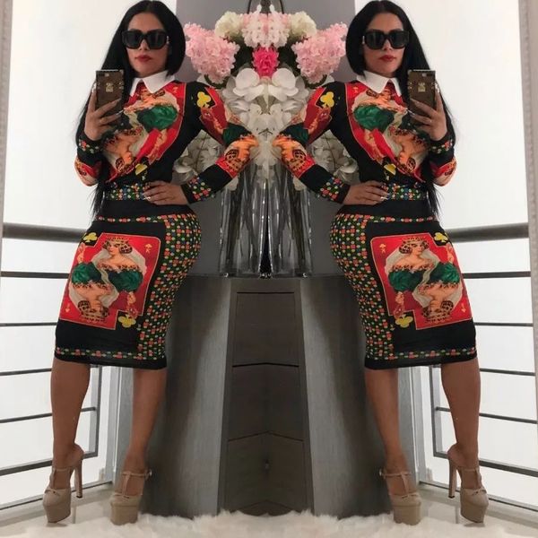 

two piece dress for women fashion painting pattern shirt + hip skirt designer luxury bodycon dress wholesale size s-xl, White