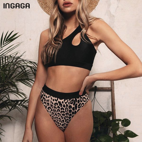 

ingaga one shoulder bikini set high waist swimsuit cut out swimwear women leopard biquini new brazilian bikini 2020 bathers, White;black