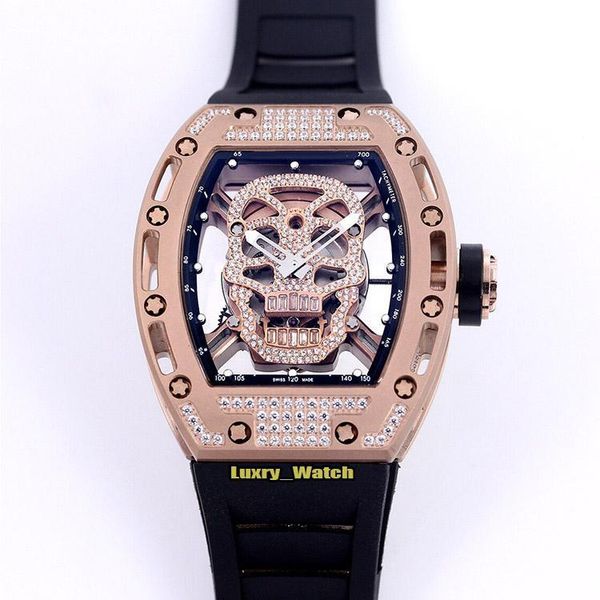 

version rm 052 skeleton diamond skull dial japan miyota automatic mens watch rose gold diamond case rm52-01 rubber strap sport watches, Slivery;brown
