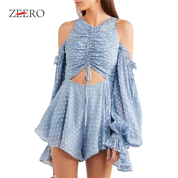 

2019 runway women summer hollow out lace up chiffion playsuits holiday beach off shoulder blue dot lantern sleeve playsuits, Black;white