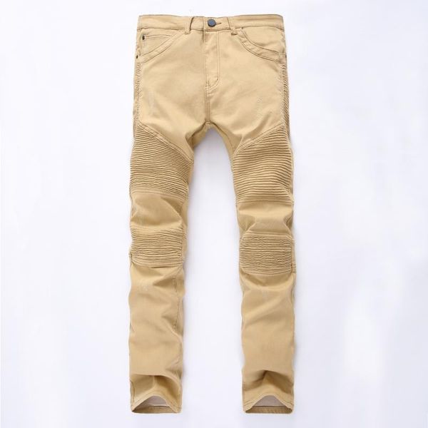 

2020 men's pleated khaki casual jeans youth high street fashion slim-fit elastic feet motorcycle trousers, Blue