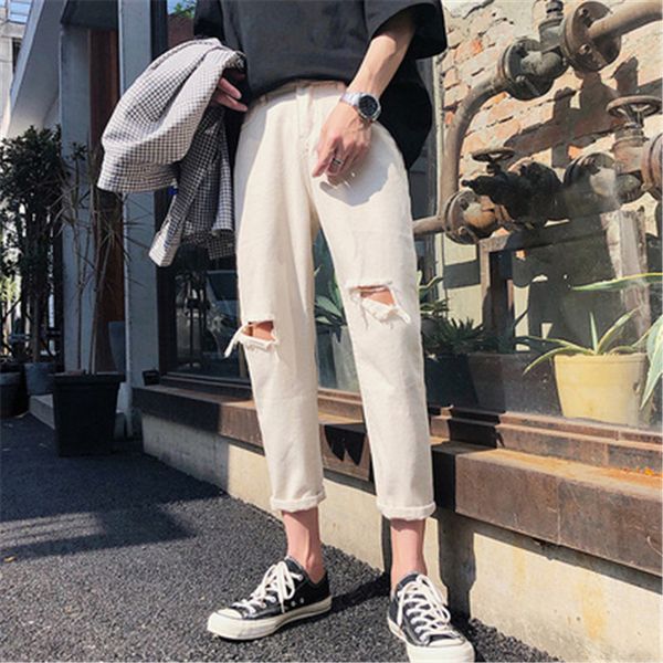 

hole jeans, spring and summer trend, korean version of nine pants men, Blue