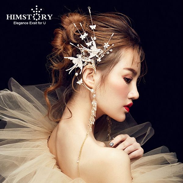 

himstory high end crystal long women bird tassel hanging ear accessories girl evening hair jewelry wedding accessories c19041101, Slivery;golden