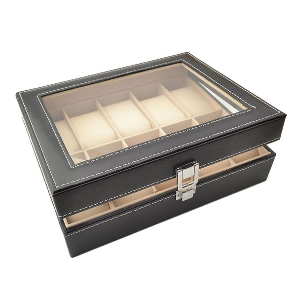 

luxury 10 grid leather watch box jewelry display collection storage case watch organizer box holder, Black;blue