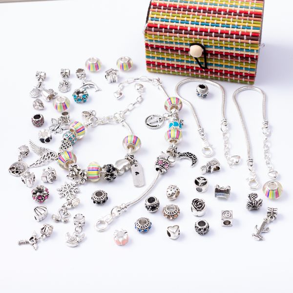 

6 in 1 charm bracelet making kit diy craft european bead silver plated snake chain jewelry gift set for girls teens sl2003, Black