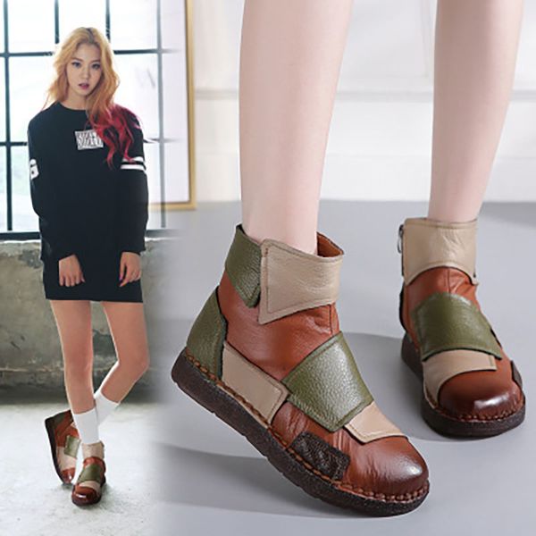 

women's flat leather middle-aged korean boots women's british style cotton shoes, Black