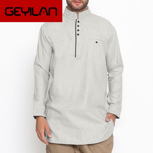 

cotton men shirt stand collar long sleeve solid vintage button long shirts men muslim clothing plus size 2019, White;black