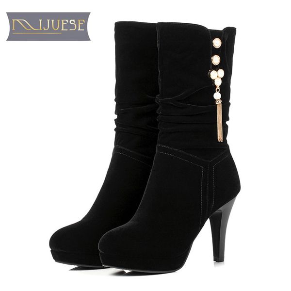 

mljuese 2018 women mid-calf boots flock winter boots riband spike heel short plush black color platform high size 40