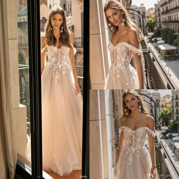 

2020 new berta a line lace wedding dresses off shoulder sweetheart tulle long wedding bridal gowns summer beach wedding gowns robe de mariÃ©e, White