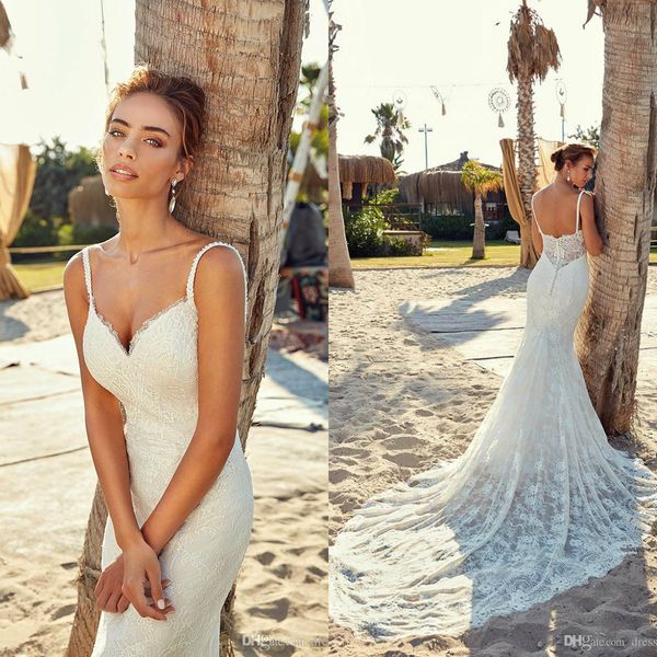 

eddy k beach mermaid wedding dresses spaghetti lace bridal gowns sweep train backless boho wedding dress custom made, White