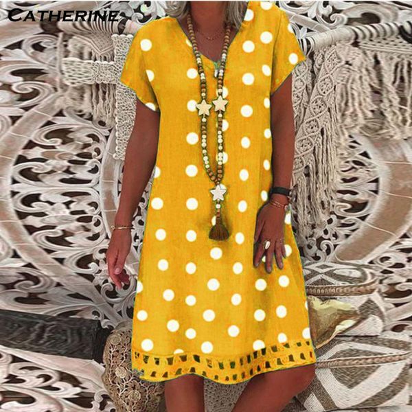 

casual dresses cotton and linen dress women's ladies fashion polka dot print loose v-neck short sleeve summer 2021#j3, Black;gray