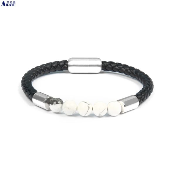 

ailatu natural howlite stone genuine leather bracelet stainless steel magnetic clasp bracelet for fashion men jewelry, Golden;silver