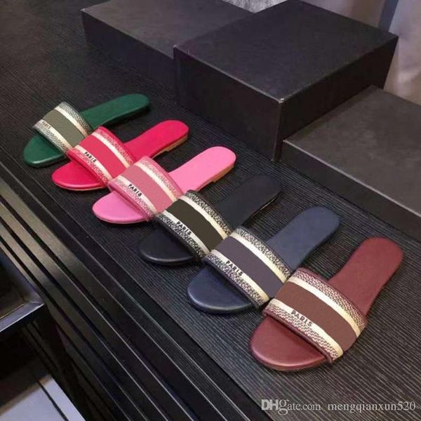 

luxury designer leather blue red stripes sandals denim ladies summer flat slipper outdoor beach woman flip flops rainbow letters slippers, Black