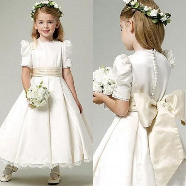 Satin Flower Girls Abiti gioiello collo mezza manica Abiti Con telaio dell'arco caviglia di compleanno per bambini Prima Comunione Abiti